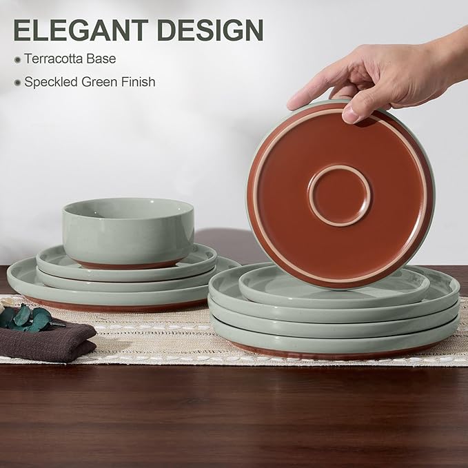 E-far 18-Piece Stoneware Dinnerware Sets, Plates and Bowls Sets for 6, Ceramic Dishware Dishes Set with Terracotta Base, Chip & Scratch Resistant, Microwave & Dishwasher Safe, Speckled Green