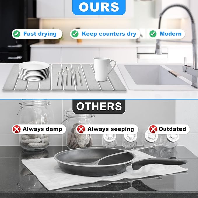 Large Stone Dish Drying Mats for Kitchen Counter, 24"(L)×16"(W) Quick Dry Collapsible Dish Drying Mat, Eco-Friendly Absorbent Diatomaceous Earth Mats for Dishes Bottles Cups, Match Any Countertop