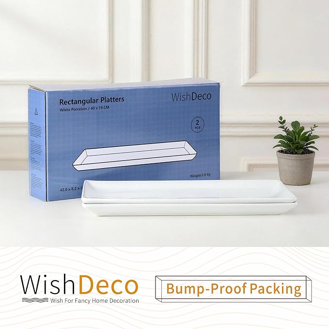 WishDeco Large Serving Platter Set of 2, Long Ceramic Serving Tray 16 inch, Rectangular Serving Dishes, White Plates for Entertaining, Fruit, Appetizer, Charcuterie, Oven & Dishwasher Safe