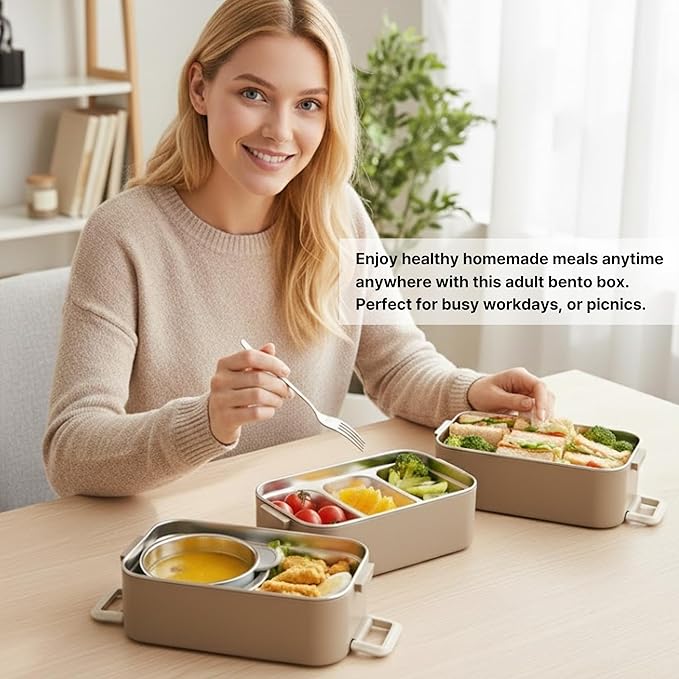 Bento Box Adult Lunch Box, Stackable 3-Layer 304 Stainless Steel for Adults, Office, 3L Capacity, Portable, Soup Bowl, Spoon & Fork, Metal Lunch Box, Tiffin