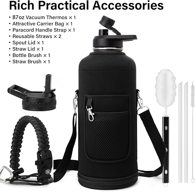 DYSANKY Insulated Water Bottle | Thickened Stainless Steel for Gym and Hiking with Straw, Carrier Bag, Handle Strap | BPA-Free 87 oz