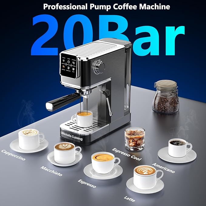 URintells Cuising Espresso Machine 20 Bar,Touch Screen Espresso Maker with Steam Milk Frother,Stainless Steel Expresso Coffee Machine for Cappuccino Latte Cold Brew,1350W Fast Heat Up System,Black