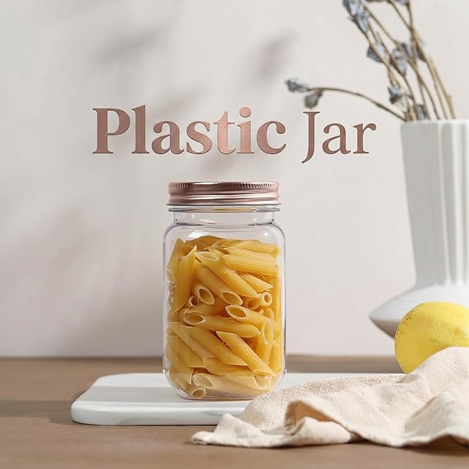 novelinks 16 oz Clear Plastic Jars with Lids, Refillable 16oz Mason Jars with Lids & Storage Containers for Kitchen & Household Use (10 Pack,Rose Gold)