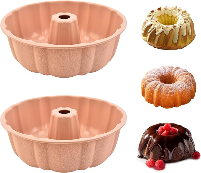 PADELE 2 Pack Silicone Cake Pan Nonstick,10 Inch, Silicone Cake Molds,Pound Cake Pan, Baking Cake Pan for Jello,Gelatin,Cake,Brownie and Bread（Pink+Pink）