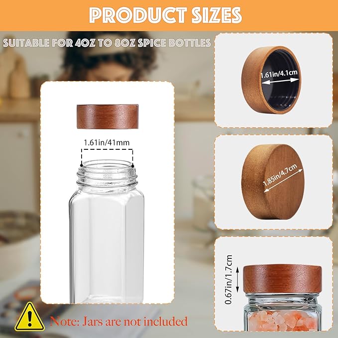 48 Pcs Spice Jar Lids Acacia Wood,Fits 4 Oz and 8 Oz Glass Spice Jars,For Square and Round Plastics Spice Jars,Jar Not Included (48)