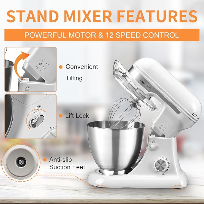 Geek Chef Electric Stand Mixer, 4.8QT 12 Speeds Tilt-head Food Mixer with Dough Hook, Whisk, Beater, Bowl, Rotary Knob for Home Kitchen Use, Silver White