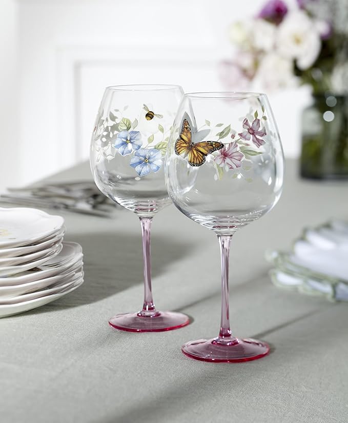 Lenox Glassware, Butterfly Meadow Pink Balloon Wine Glasses, Set of 4, Service For 4, Made From Glass, Dishwasher Safe, Drinking Glasses, Home And Kitchen, Glass Cups (Pink, 4 Pieces, 26 oz Capacity)