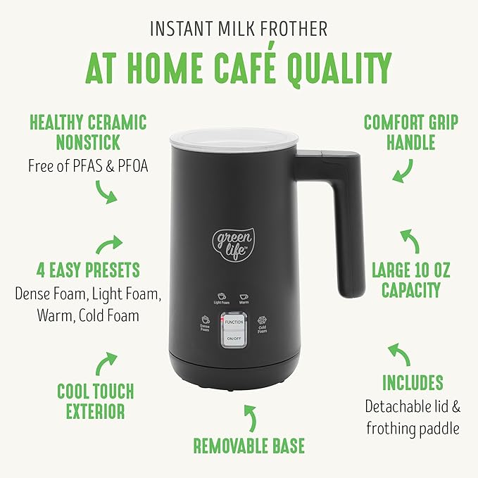 GreenLife Ceramic Electric Milk Frother, 10oz, 4-in-1, Auto Hot and Cold Foam, Dense and Light Foam, PFAS Free, Cordless Milk Warmer and Steamer for Latte, Coffee, Black
