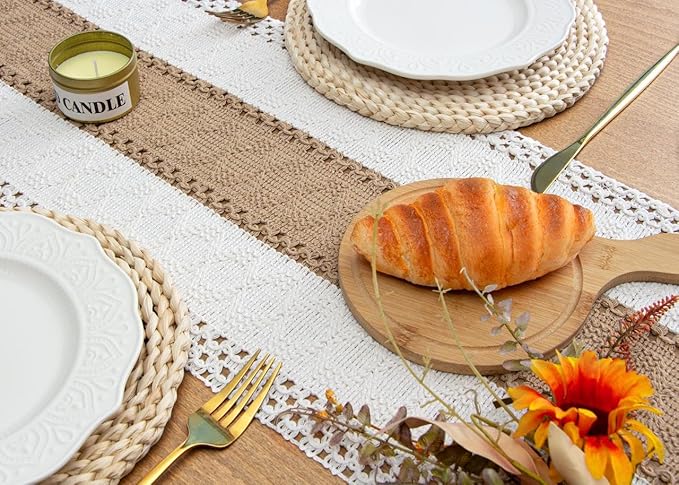 FEXIA Boho Table Runner for Home Decor with Out Tassels 90 Inches Long Farmhouse Rustic Table Runner Macrame Burlap Table Decoration for Living Room Bridal Shower(12x90 Inches)