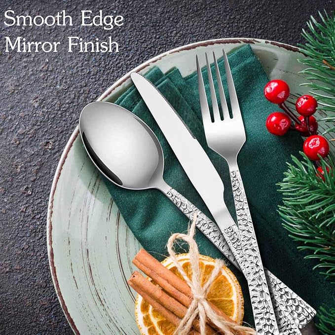 E-far 10-Piece Hammered Silverware Set, Stainless Steel Square Flatware Set Service for 2, Tableware Cutlery Set Includes Forks Spoons Knives, Modern Design & Mirror Polished - Dishwasher Safe