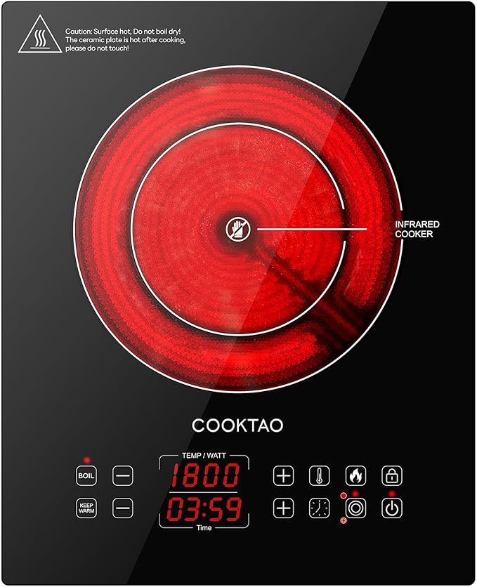 Dual Heating Coil Design of Single Burner Electric Cooktop, 1800W Ceramic Infrared Cooking Hot Plate, Portable Countertop or Built-in Radiant Stove Top Cooker with Wattage and Temperature Control