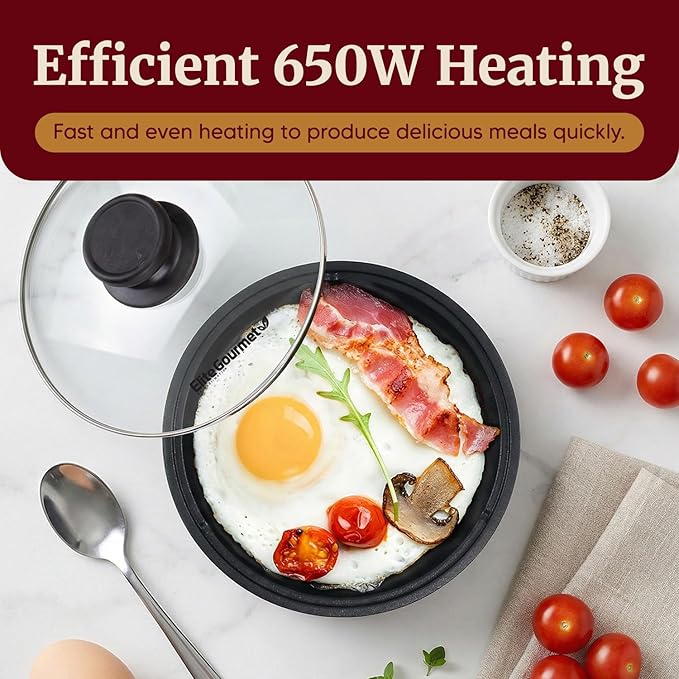 Elite Gourmet EGL-6101 Personal Stir Fry Griddle Pan, Rapid Heat Up, 650 Watts Non-stick Electric Skillet with Tempered Glass Lid, Red