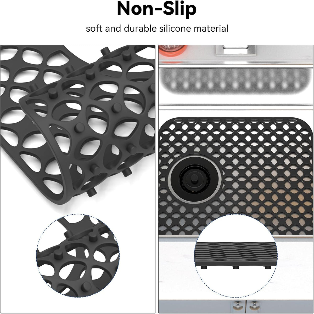 TOOVEM Kitchen Sink Mats, 2PCS Non-Slip Heat Resistant Silicone Sink Protector Mat, Folding Farmhouse Rear Drain Sink Mats (Type2: Side Drain, Black)