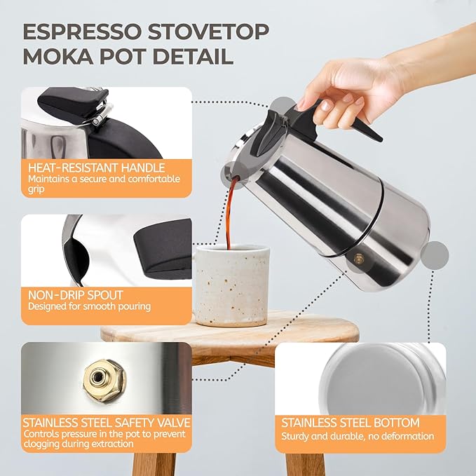 6 Cup 300ml Moka Pot Stainless Steel Espresso Coffee Maker Stovetop Coffeemaker Italian Classic Style Brewing Greca Cafe Mocha Machine for Cafeteras Lover Camping Travel and Home Use 10oz
