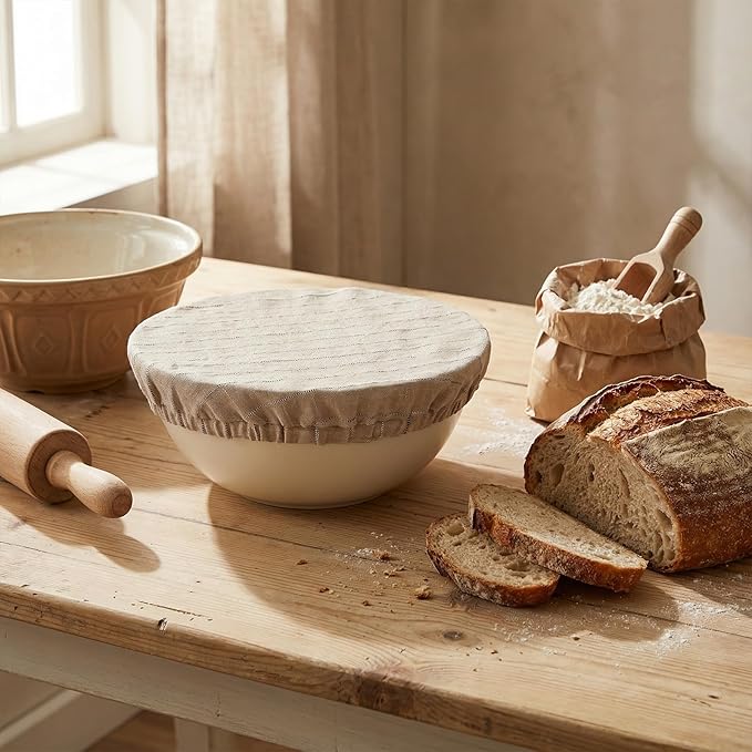 100% Pure Linen Bowl Covers For Bread Proofing, 2 Pcs 12 Inches Elastic Reusable Bowl Covers Large Ticking Striped Cloth Fabric Stretch Sourdough Lids