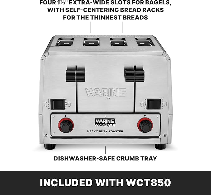 Waring Commercial WCT805 4-Slice Heavy Duty Commercial Pop-Up Bread/Bagel Toaster, 208V, 2800W, 6-20 Phase Plug