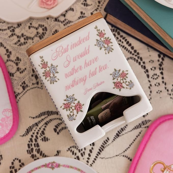 Steel Mill & Co Ceramic Tea Bag Dispenser with Bamboo Lid, Tea Storage Container for Kitchen Counter, Organizer for Tea Bags, Cute Bookish Gift for Tea Lovers (Jane Austen Quote)