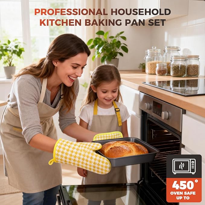 3-Piece Baking Pans Set Non-stick Stackable Bakeware Sets Non Toxic Baking Sheet Set for Cooking，Include Cookie Sheet,Muffin pan,Bread Loaf Pan For Oven,Carbon Steel,with Baking Glove,Black