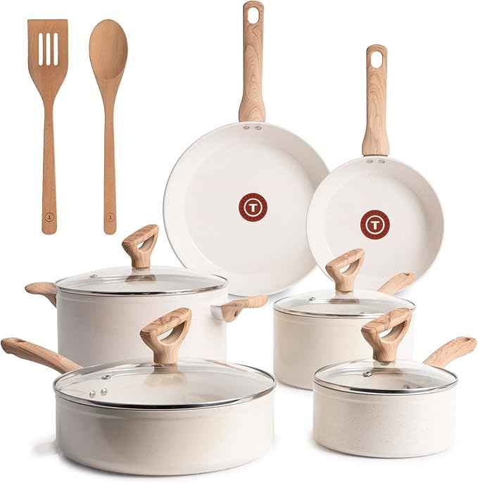T-Fal Revive Ceramic Nonstick Cookware Set, Oven Safe Up to 350ºF, 12-Piece, Includes Stockpot, Saucepan, Skillet, Frying Pans, Utensils, Ceramic Pots and Pans Set, Beige Granite