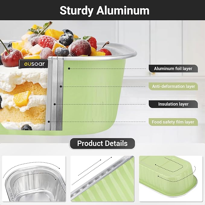 EUSOAR Foil Ramekins with Lids, 100pcs 6.8oz 6.5"x2.5"x1.2" Disposable Aluminum Baking Cups Mini Cake Pans with Lids, Rectangle Cupcake Dessert Cheesecake Creme Brulee Containers Wrappers Pan