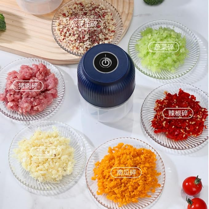 300ML USB Rechargeable Electric Garlic Chopper, Mini Portable Veggie Cutter with Eggbeater&4/6 Knife Heads, Veggie Chopper with Container and Lid, Vegetable Crusher (Blue A)