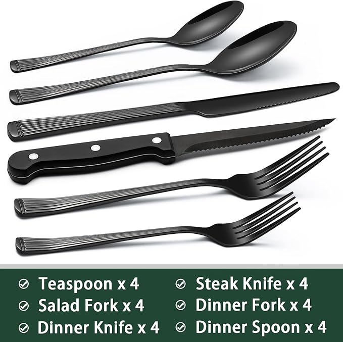 EWFEN 24-Piece Black Silverware Set with Steak Knives, Black Flatware Set for 4, Food-Grade Stainless Steel Tableware Cutlery Set, Mirror Finished Utensil Sets for Home Restaurant, Roman Column