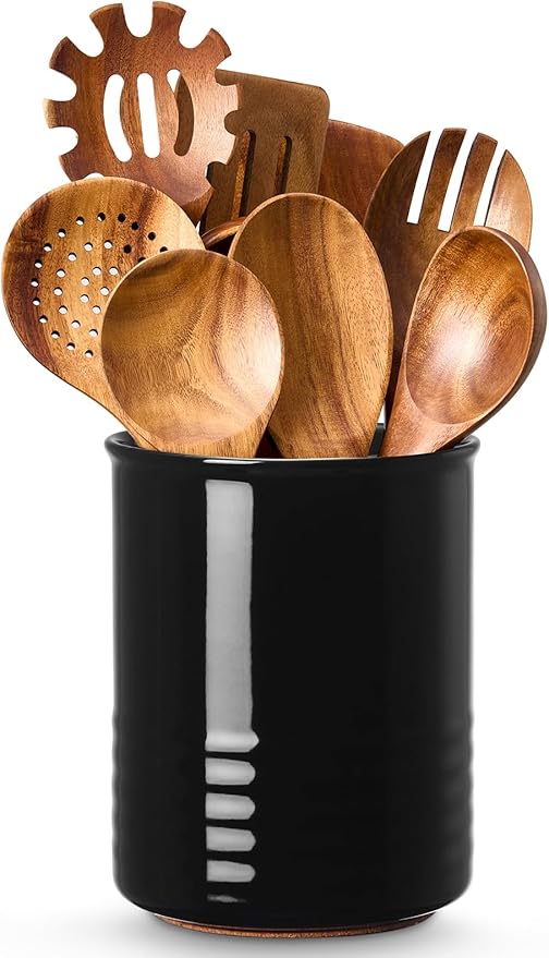 Utensil Holder, 6.7" Ceramic Kitchen Utensil Crock for Countertop Cooking, Modern Utensil Caddy Jar Organizer for Farmhouse Kitchen Counter Decor (Black)