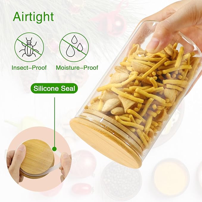 BGraceyy Glass Jars with Bamboo Lids 20 oz, 12 Pcs Stackable Kitchen Glass Pantry Storage Containers with Airtight Bamboo Lids for Rice, Candy, Sugar, Flour, Nuts, Cookie, Bean