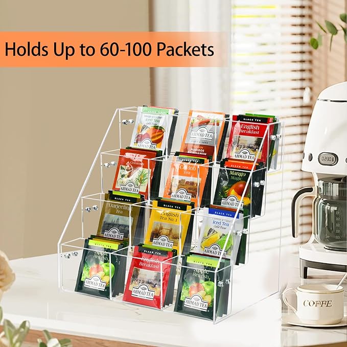Tea Bag Organizer Holder, Acrylic Tea Packets Storage Box Container Display Stand Rack for Counter Cabinet Countertop Kitchen Office, 4 Tier