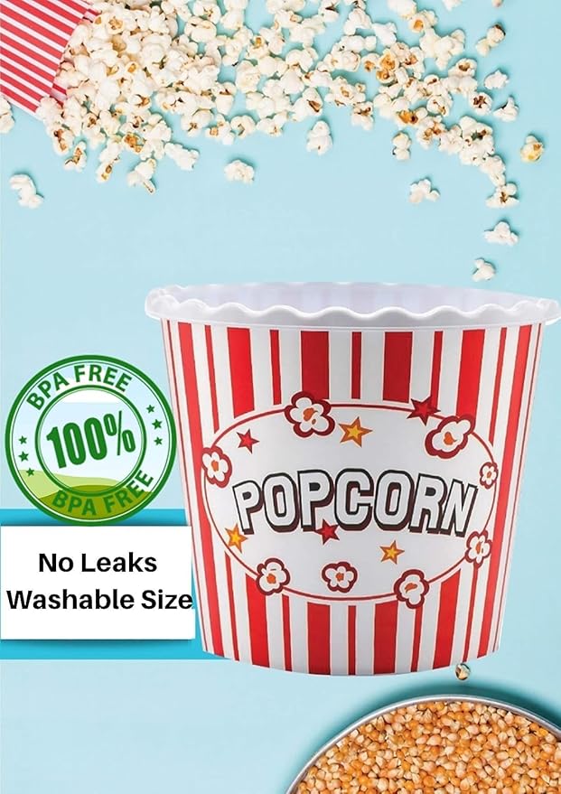 Modern Style Reusable Plastic Popcorn Box/Popcorn Containers/Popcorn Bowls Set for Movie Theater Night - (BPA Free - 6 Pack-75 oz) (6, RED)