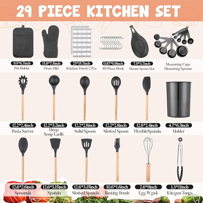 37 Pcs Oven Mitts and Pot Holders with Silicone Kitchen Utensils Set Silicone Cooking Utensils Set with Holder, Kitchen Towels, Heat Resistant Gloves for Christmas Baking Cooking(Dark Gray)