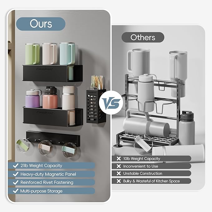 Magnetic Cup Holder for Fridge for 20/30/40 oz Stanley Tumblers Water Bottle Storage Holders & Lid Hook Organizers 2 Pack (6 Cups, 10 Hooks)