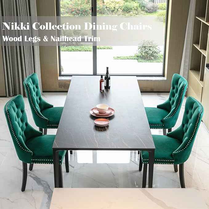 Green Velvet Dining Chairs Set of 4, Upholstered Dining Room Chairs with Back Ring Pull Trim and Solid Wood Legs, Tufted Wingback Kitchen Chairs for Dining Room,Living Room,Kitchen(Green)