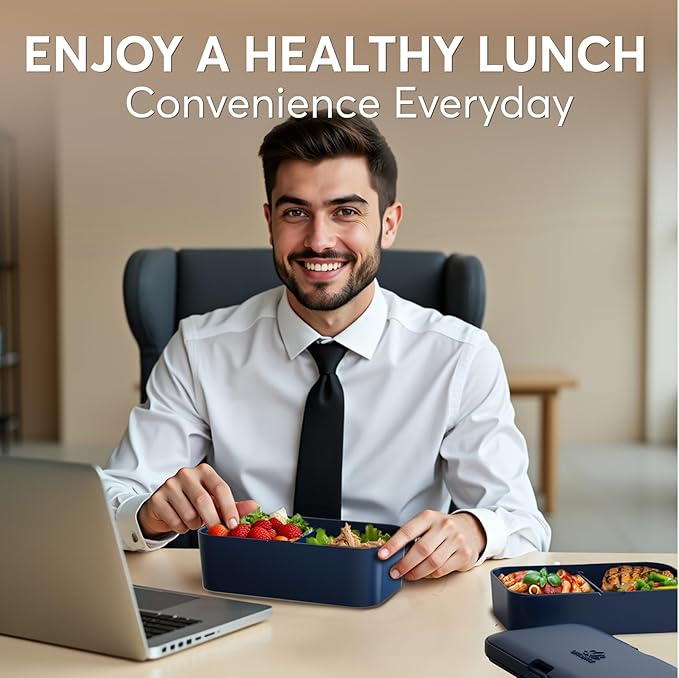 Umami Lunch Box Containers w/ 4 Utensils, 2 Sauce Jars, Nestable Space-Saving Bento Box Adult, 100% Leakproof, Microwavable Lunch Containers for Adults, Design Award Winner, Midnight Blue, 50 oz