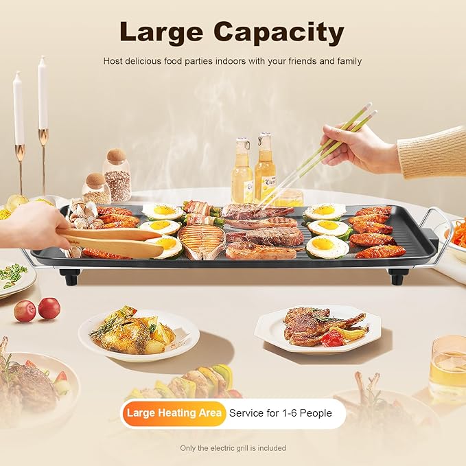 26" Large Electric griddle 1500W Teppanyaki Table Top Grill Griddle with Nonstick Surfaces & Adjustable 5 Temperature Setting for Indoor/Outdoor Use