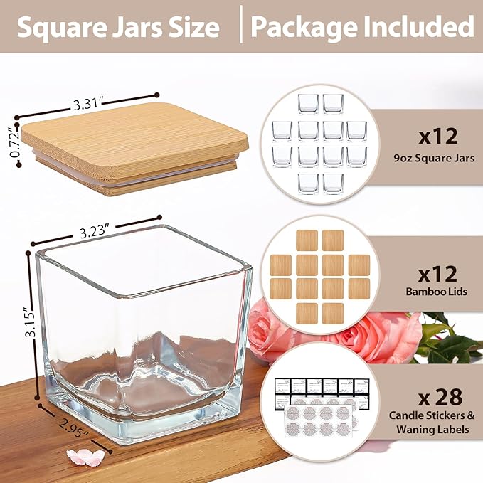 CONNOO 12 Pack 9 OZ Clear Square Candle Jars for Making Candles, Thick Glass Bulk Empty Candle Containers with Airtight Bamboo Lids for Candle Making, Sticky Warning Labels - Dishwasher Safe