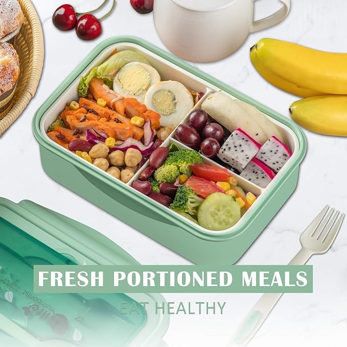 Bento Boxes for Adults - 1100 ML Bento Lunch Box For Kids Childrens With Spoon & Fork - Durable Perfect Size for On-the-Go Meal, BPA-Free and Food-Safe Materials(Green)