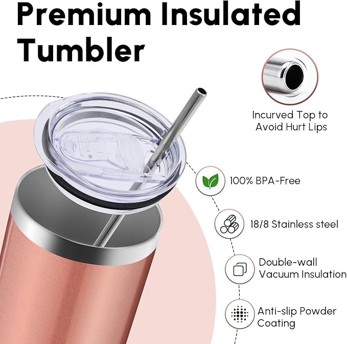 Volhoply 4 Pack Skinny Tumblers with Lid and Straw, 20oz Stainless Steel Straight Tumbler Bulk, Vacuum Insulated Coffee Mug for Home, Office, Travel, DIY (Rose Gold,4 Pack)