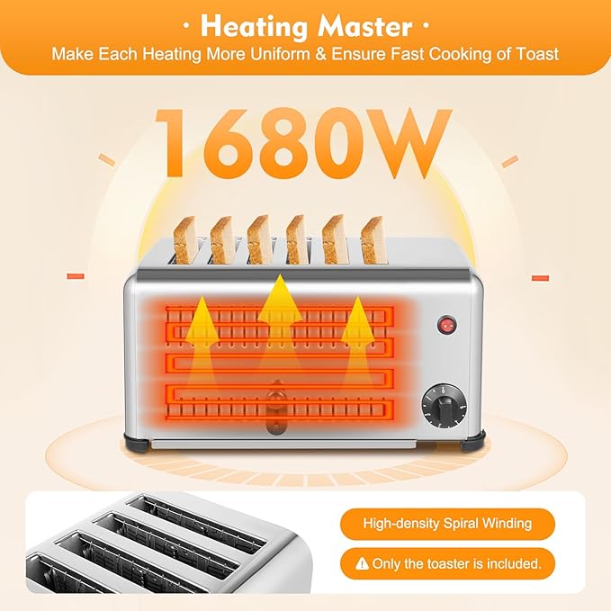 Stainless Steel 6 Slice Toaster, Electric Bread Baking Machine Commercial Toaster with Crumb Tray and Timer Bread Toasters for Home Kitchen Restaurant Bakery (2 Modes/1680W)