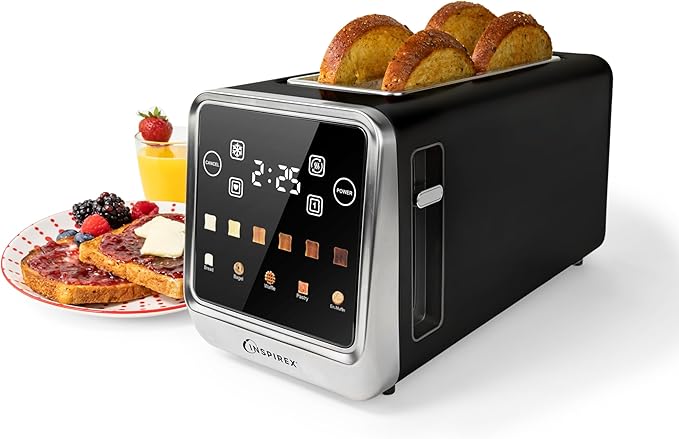 Inspirex Touch Screen Toaster - 4 Slice, 2 Extra Long Slots - 5 Bread Types and 6 Browning Levels - Defrost, Reheat, Favorite, & Single Slot Modes - For Toast, Bagels, & Waffles – Black