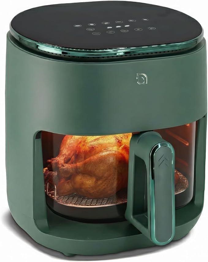 WILLOW Eco Series 6 in 1 Air Fryer with Glass Basket, 5 Quart Non Toxic Air Fryer w Digital Display, 430°F Max Temp, Preheat & Keep Warm Function, Compact + Dishwasher Safe Glass Airfryer - GREEN