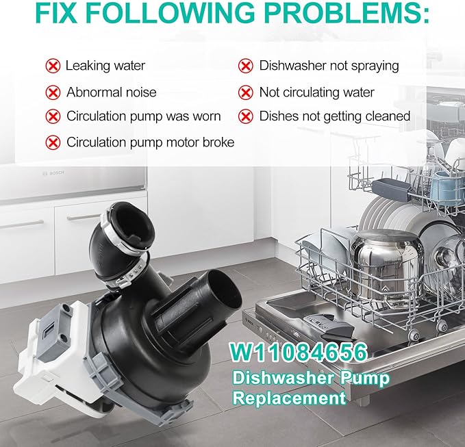 Upgraded W11084656 Circulation Pump for Whirl-pool Ken-more Kit-chen aid Ama-na Dishwasher fit WDT730PAHZ0 WDT750SAHZ0 WDTA50SAHZ0 Dishwasher Pump Motor Assembly Replacement Part W10854710, W10805387