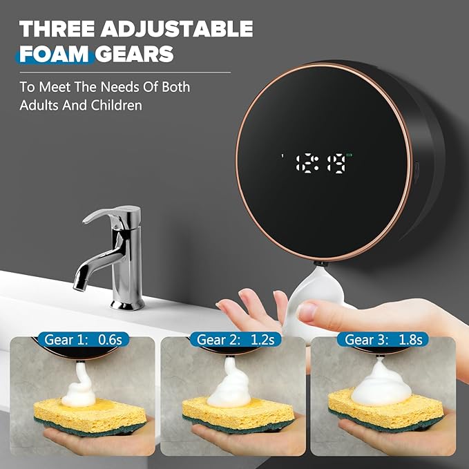 Automatic Soap Dispenser Foam Bathroom: Wall Mount Rechargeable Touchless Adjustable Auto Smart Electric Plastic Black Foaming Soap Dispenser with Clock - Kitchen - Hand Dish Lotion Couple Kids