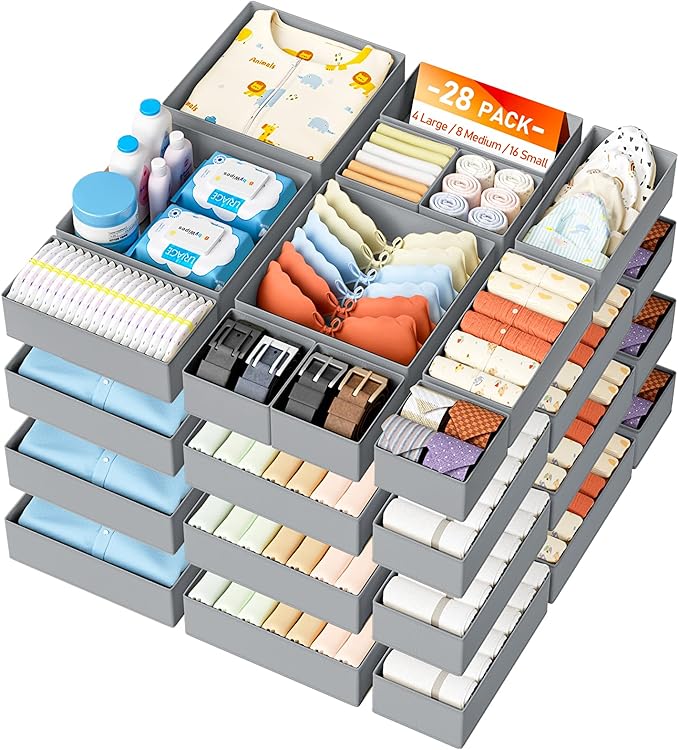 DIMJ Drawer Organizer Clothes Storage - 28 Pack Baby Dresser Organizer for Nursery, Foldable Closet Drawer Organizer Bins for Bedroom Organization, Fabric Storage Dividers for Socks, Underwears, Bras