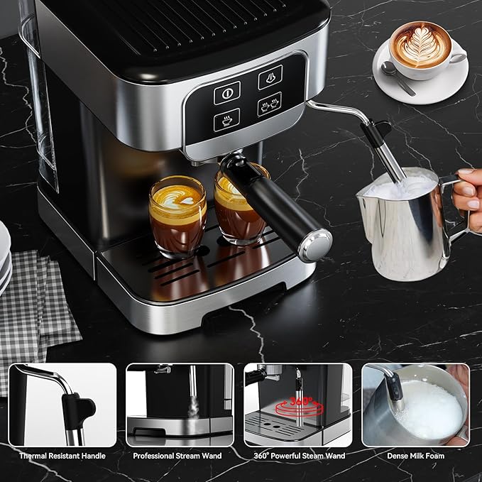 Espresso Machine 20 Bar with Steam Milk Frother, Stainless Steel Coffee Machine with Removable Water Tank for Cappuccino,Latte, Compact Stainless Steel Coffee maker for home,Great Gift