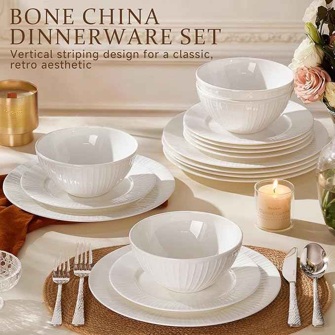 KINGSTONE Bone China Dinnerware Set, 12-Piece White Lightweight Porcelain with Textured Design Service for 4, Plates, Bowls, for Family Dining, Restaurants, Gifting, Microwave and Dishwasher Safe