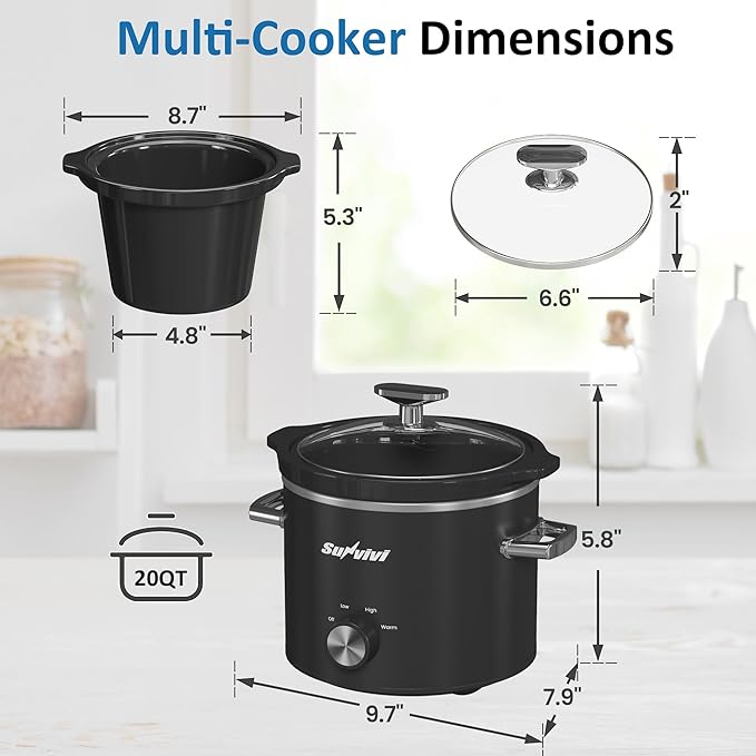 SUNVIVIPRO Small Slow Cooker with Removable Ceramic Pot, Food Warmer with 3 Heating Settings & Dishwasher Safe Glass Lid, Black