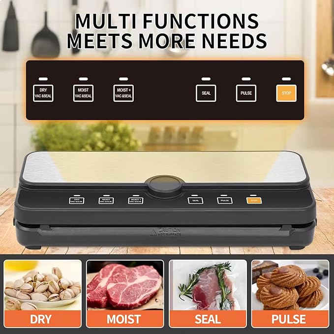 Vacuum Sealer Machine with One-Touch Seal | 4 Modes: Dry, Moist, Wet & Cold | Compact Food Saver with Built-In Cutter | Includes a Free 3m Vacuum Sealer Roll