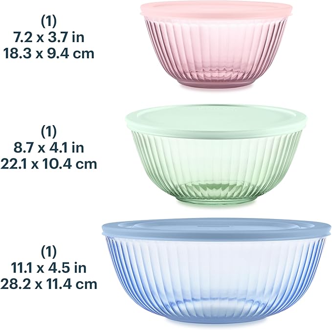 Pyrex Colors (3-Pack, Full Set) Sculpted Tinted Glass Mixing Bowls With Plastic Lids, Nesting Space Saving Set of Bowls For Prepping and Baking, 1.3QT, 2.3QT & 4.5Q, (Pink, Green, Blue)