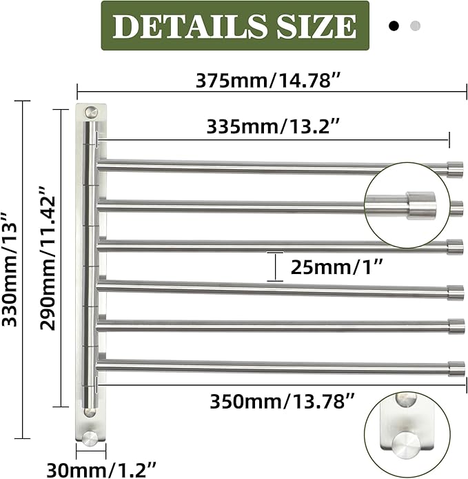 Alise Swivel Towel Rack, SUS304 Stainless Steel 6 Arms Towel Bar, Space Saving Swing Out Towel Bar with Hook, Towel Racks Wall Mounted for Bathroom, Brushed Nickel
